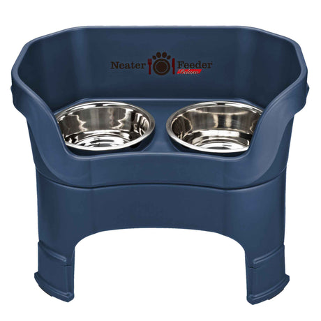 Deluxe large Neater Feeder in Dark Blue with leg extensions with two stainless steel bowls against a white background.