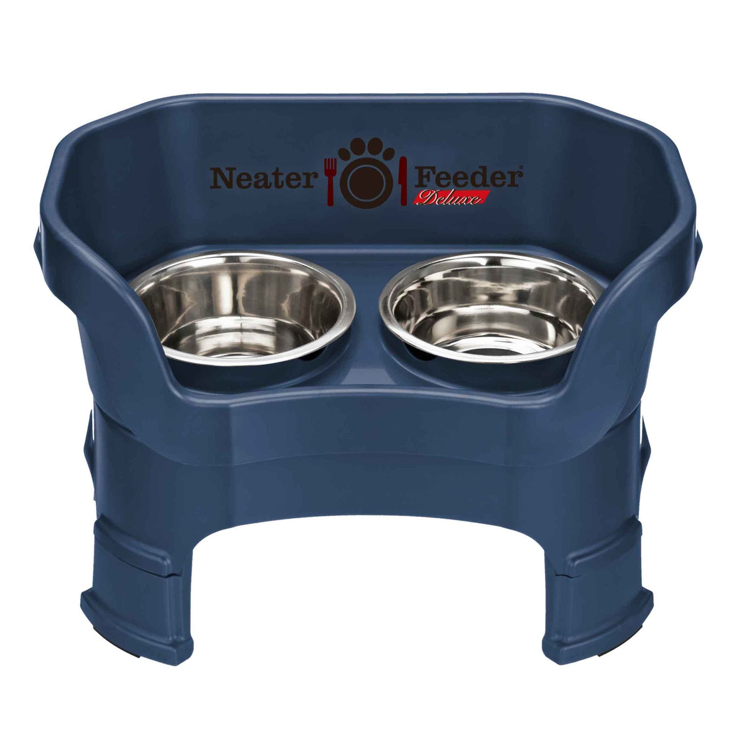 Neater Feeder Deluxe medium with leg extensions in Dark Blue with two stainless steel bowls against a white background.