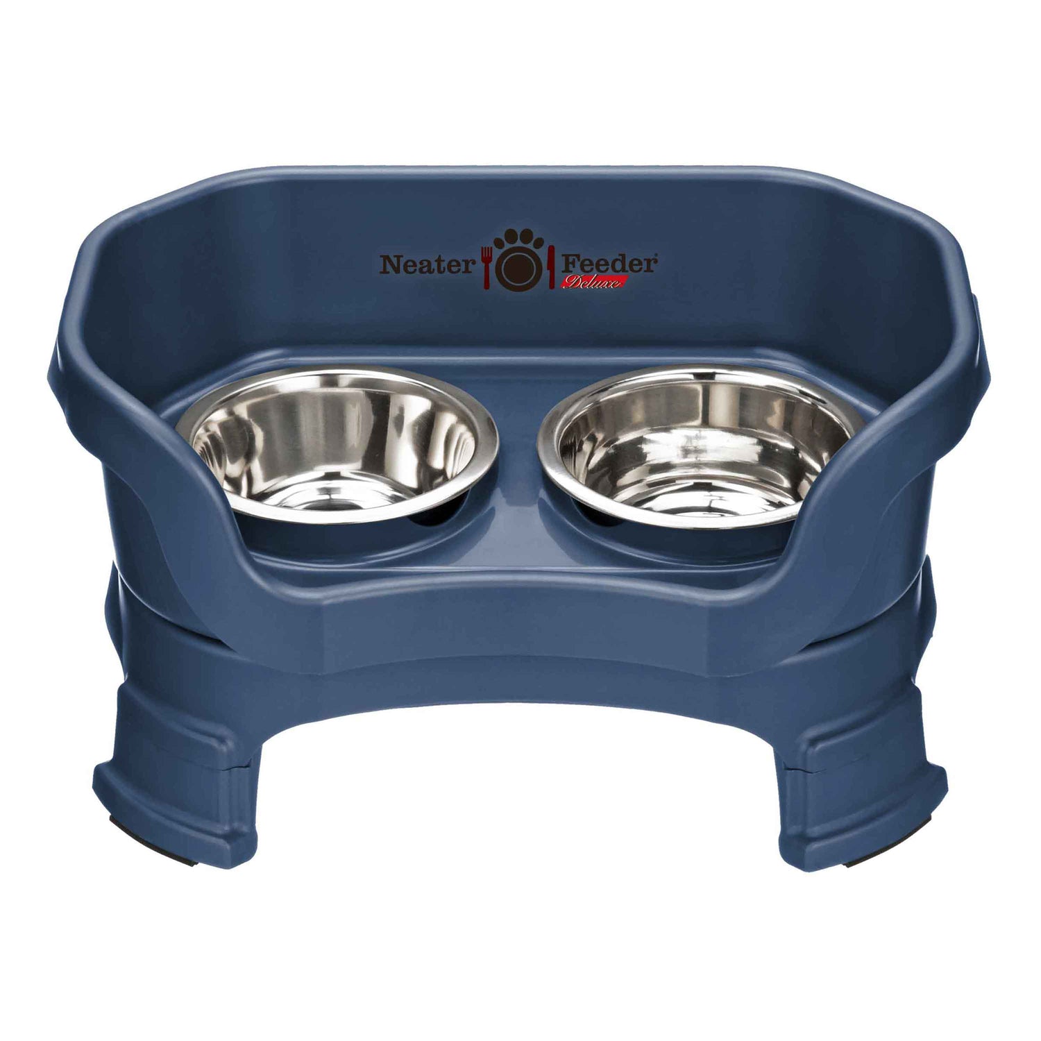 Neater Feeder Deluxe small with leg extensions in Dark Blue with two stainless steel bowls against a white background.