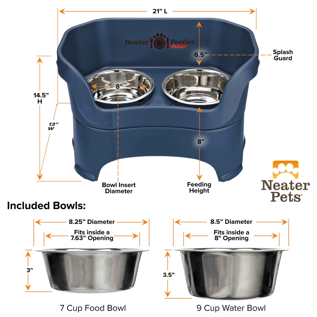 A chart showing the dimensions of the Neater Feeder Deluxe large as well as the stainless steel bowls against a white background.