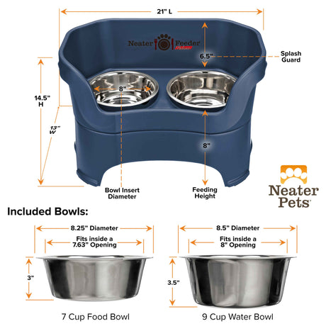 A chart showing the dimensions of the Neater Feeder Deluxe large as well as the stainless steel bowls against a white background.