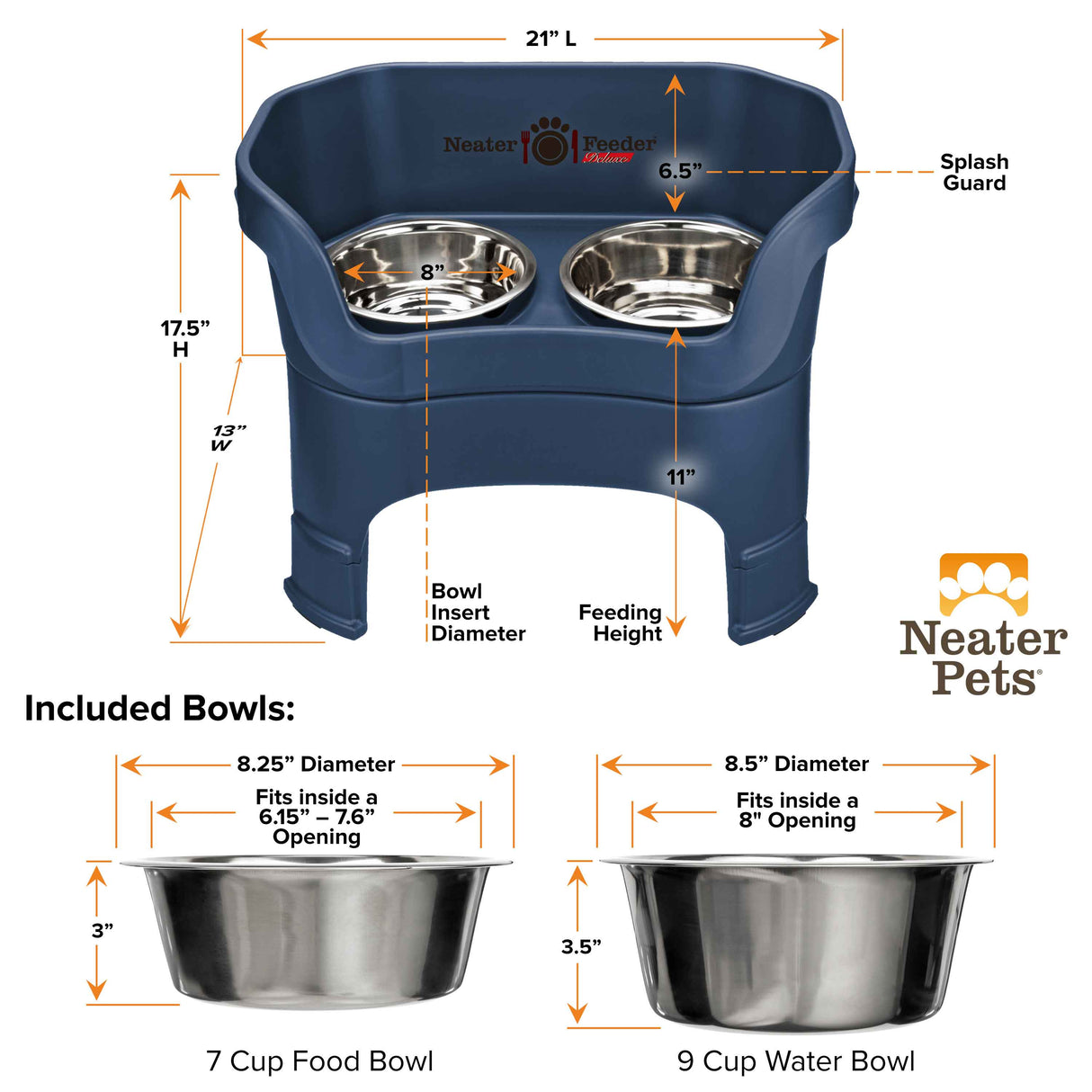 A chart showing the dimensions of the Neater Feeder Deluxe large with leg extensions as well as the stainless steel bowls against a white background