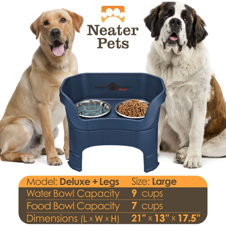 A chart displaying the Deluxe large with and leg extension bowl capacity and dimensions, with two large sized dogs next to the chart.