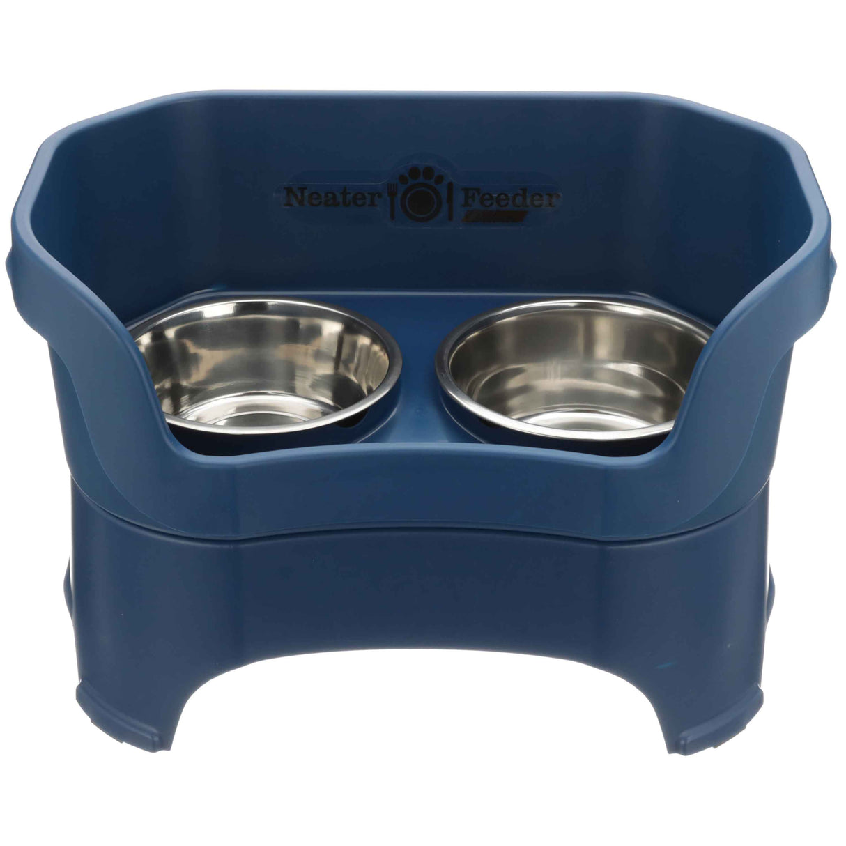 Deluxe large Neater Feeder in Dark Blue with two stainless steel bowls against a white background.
