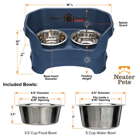 A chart showing the dimensions of the Neater Feeder Deluxe medium as well as the stainless steel bowls against a white background.