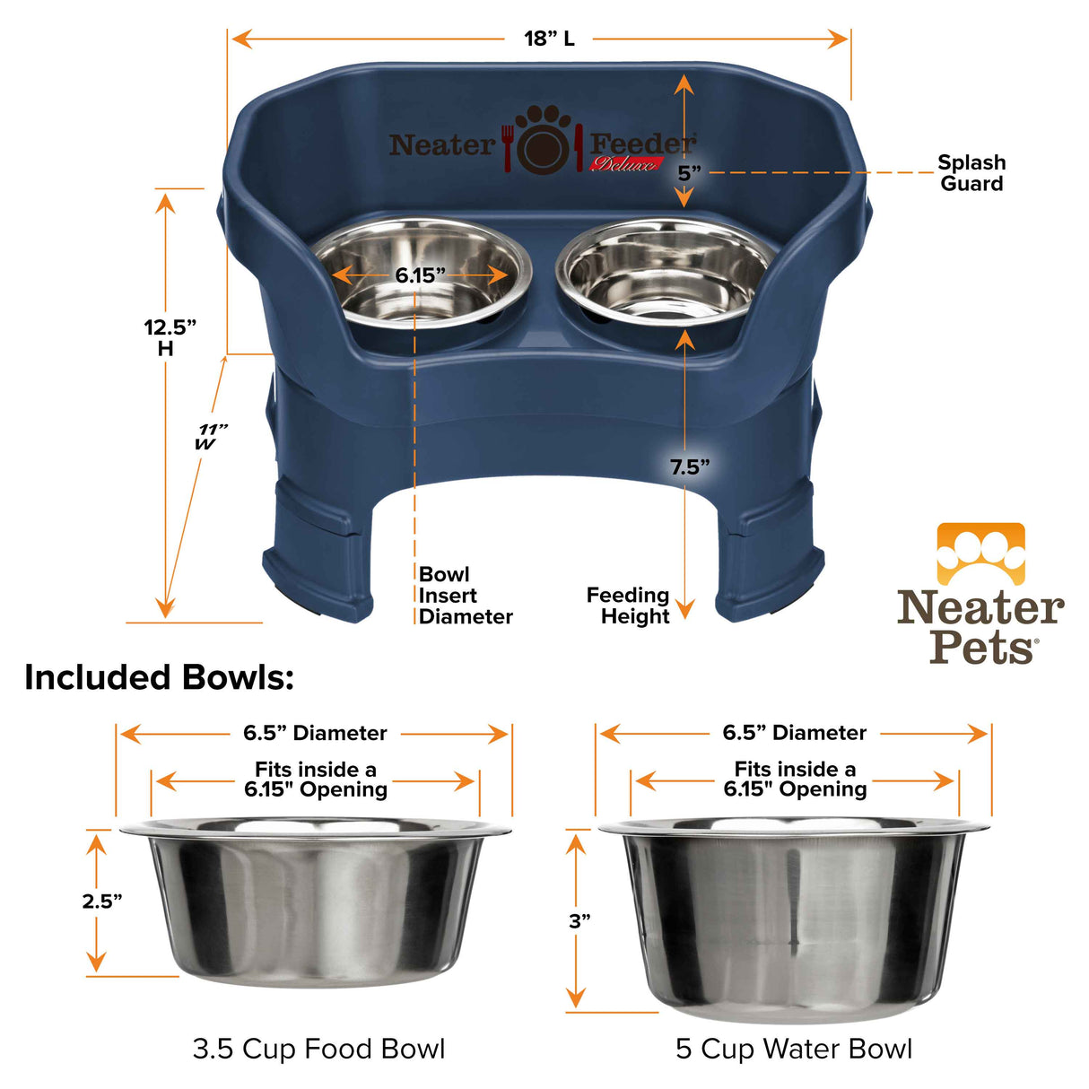 A chart showing the dimensions of the Neater Feeder Deluxe medium  with leg extensions as well as the stainless steel bowls against a white background.