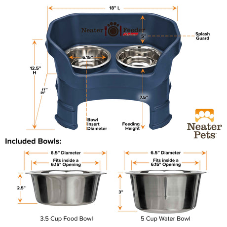 A chart showing the dimensions of the Neater Feeder Deluxe medium  with leg extensions as well as the stainless steel bowls against a white background.