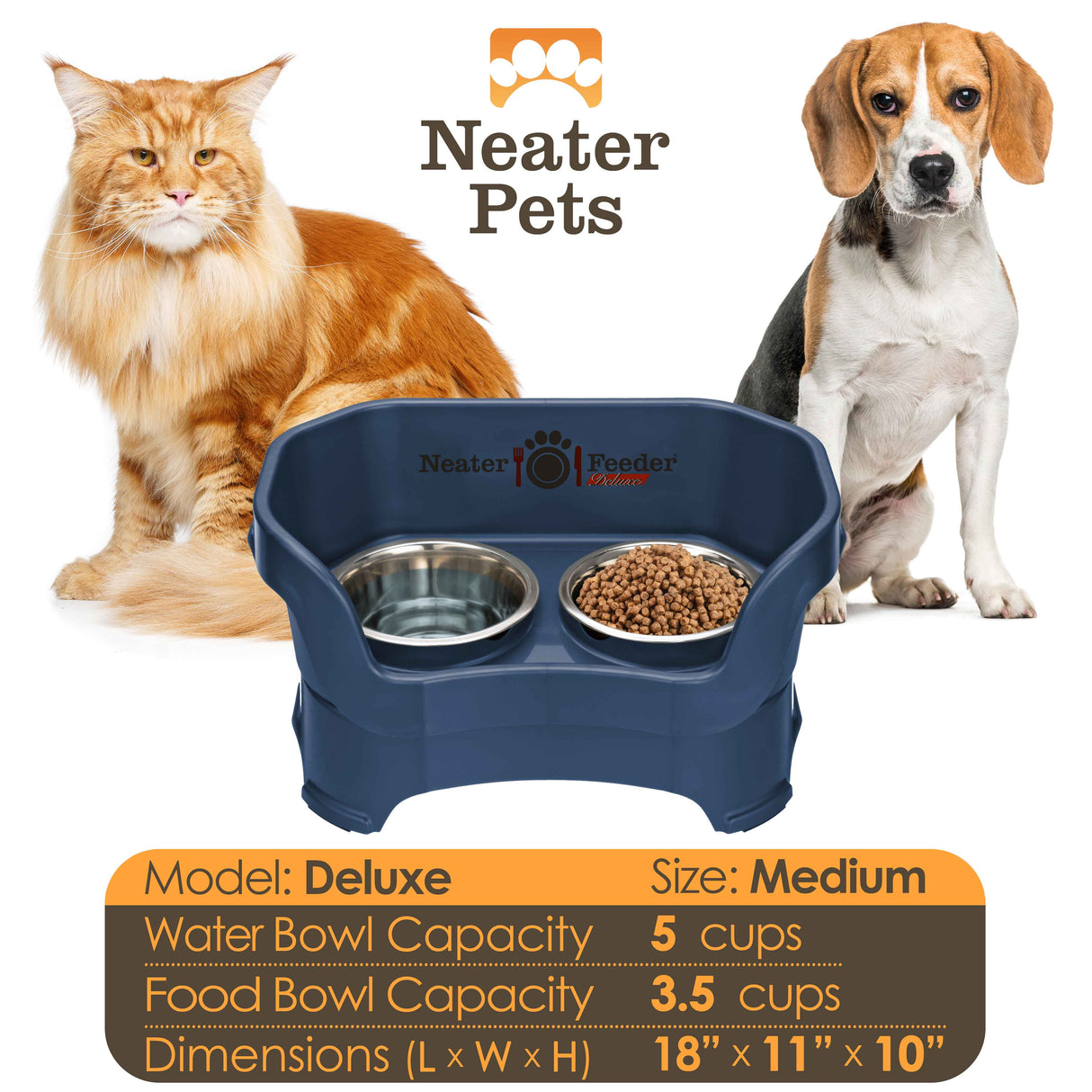 A chart displaying the Deluxe medium bowl capacity and dimensions, with a medium-sized dog next to the chart.