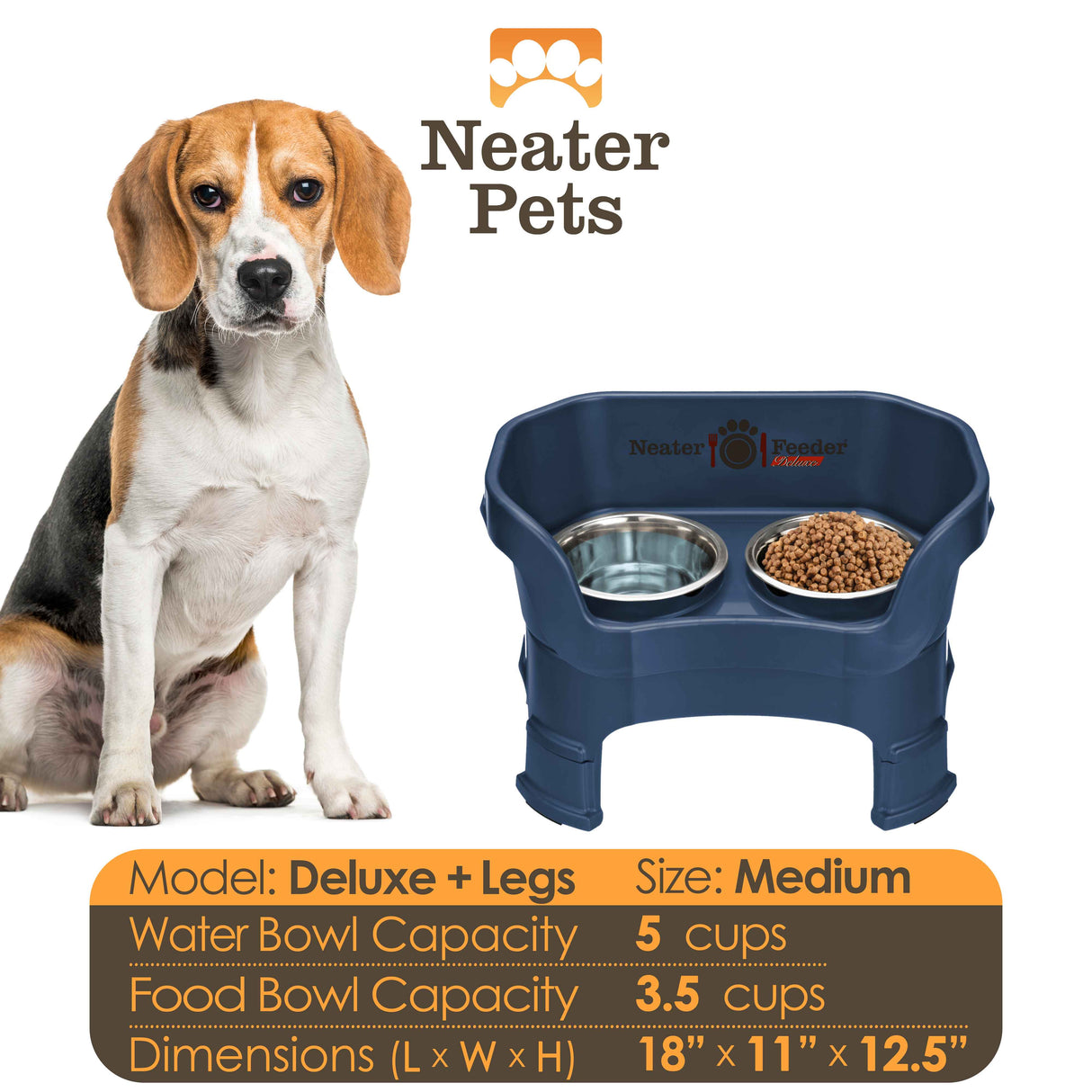 A chart displaying the Deluxe medium with leg extensions bowl capacity and dimensions, with a medium size dog next to the chart.
