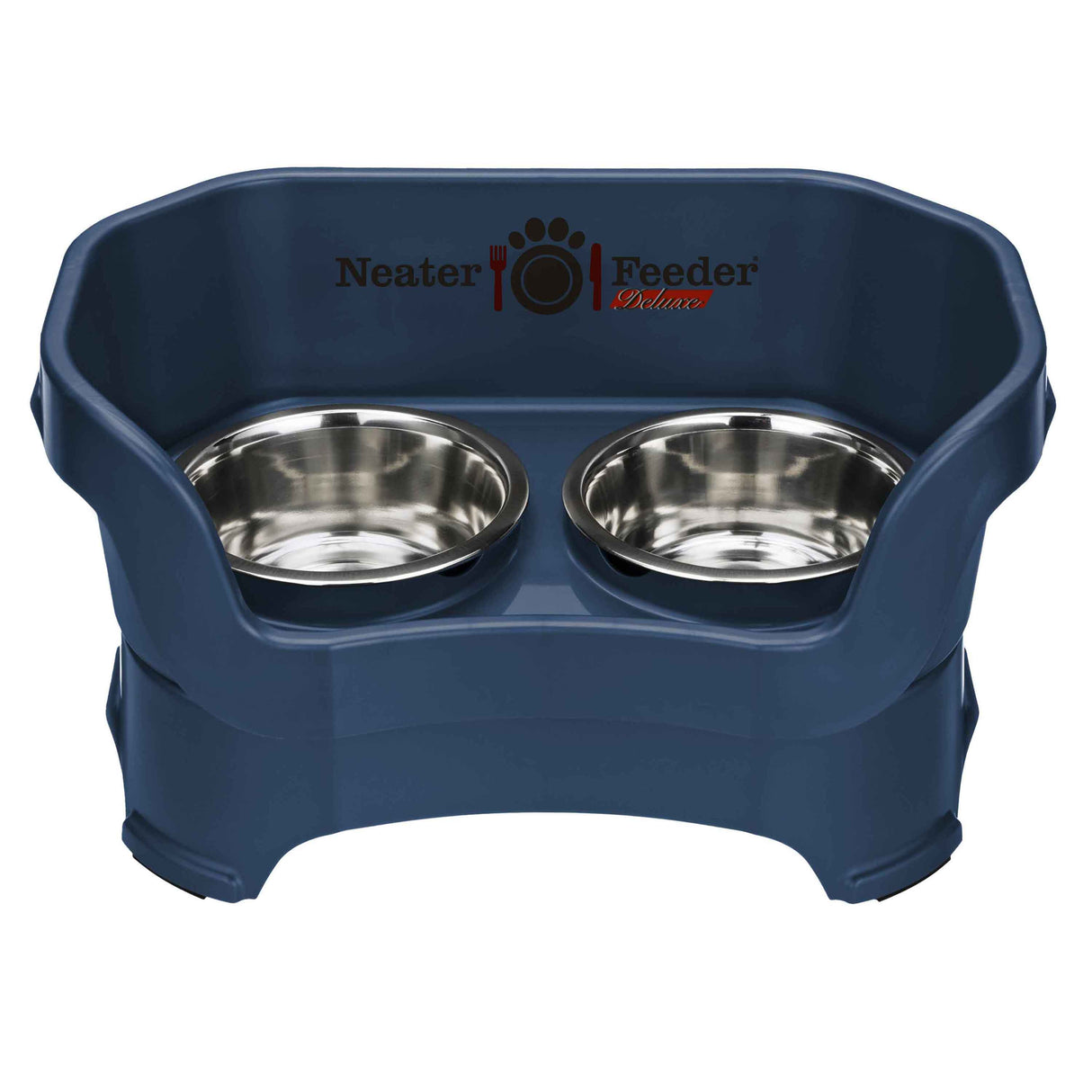 Deluxe medium Neater Feeder in Dark Blue with two stainless steel bowls against a white background.
