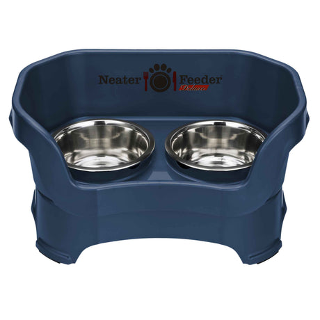 Deluxe medium Neater Feeder in Dark Blue with two stainless steel bowls against a white background.