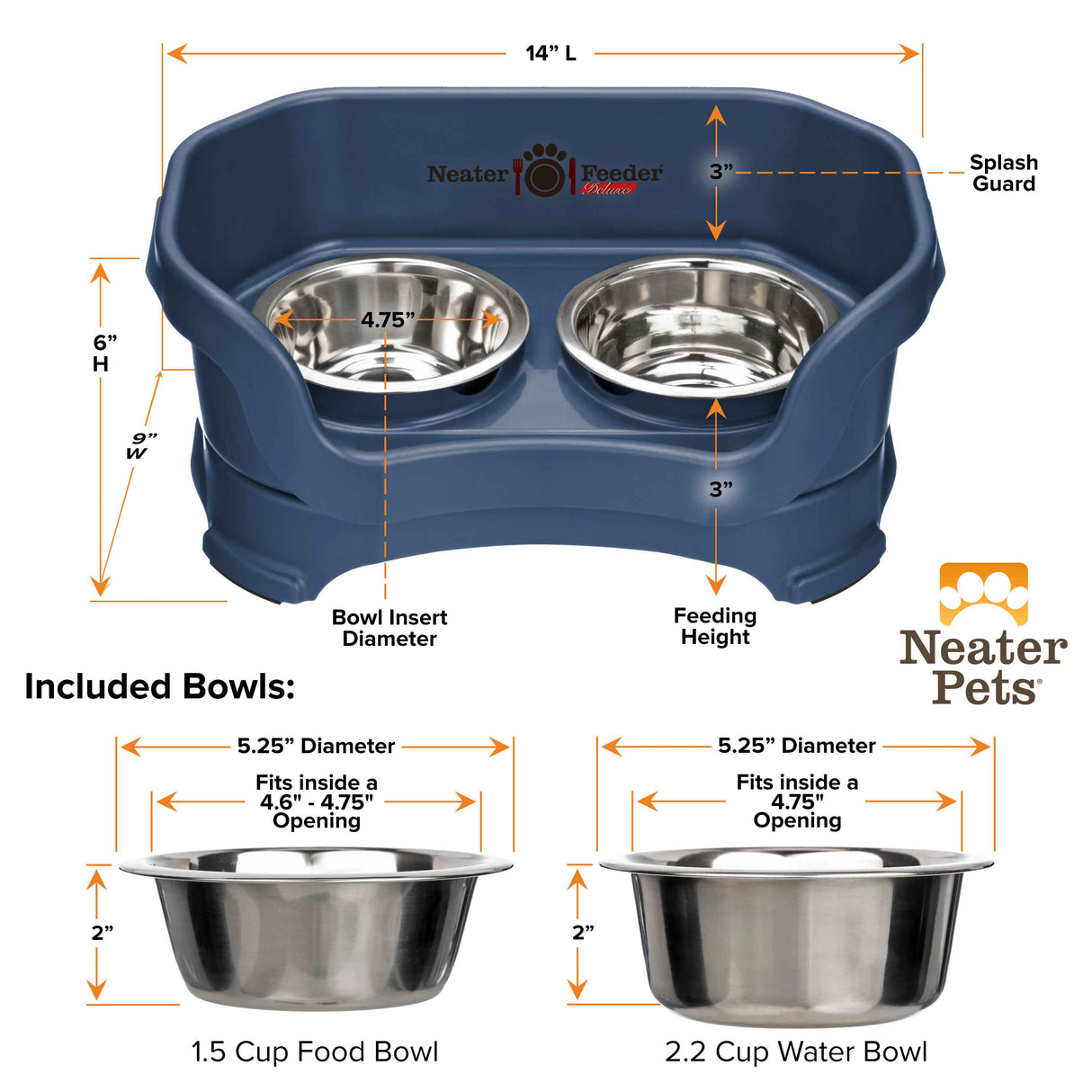 Bowl capacity and dimensions for small Deluxe Neater Feeder in Dark Blue against a white background.
