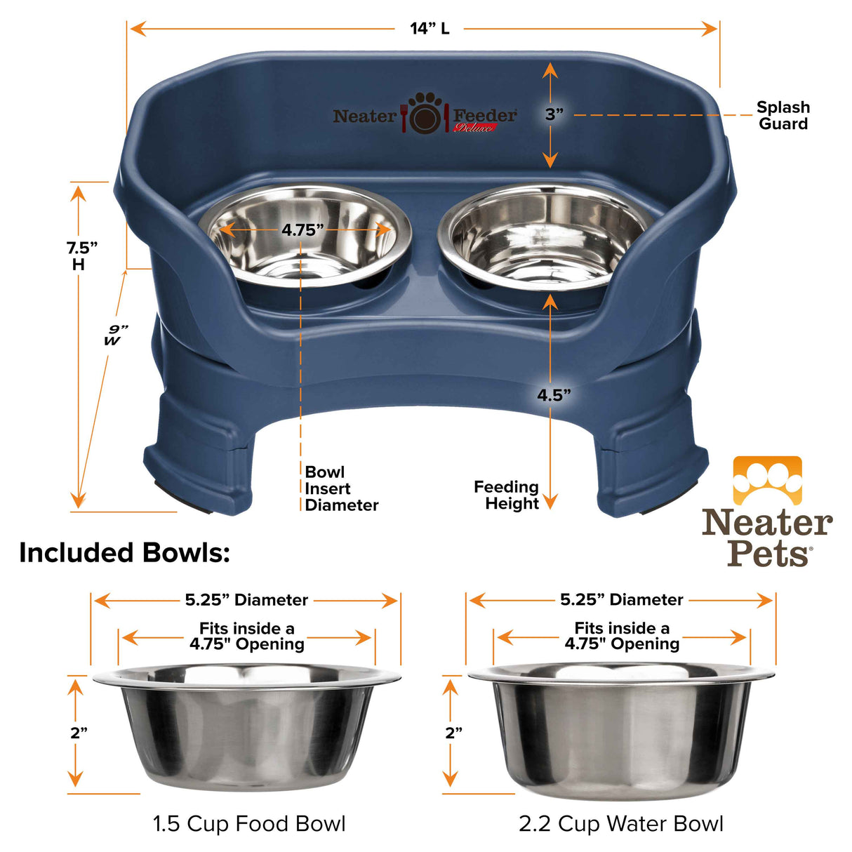 A chart showing the dimensions of the Neater Feeder Deluxe small with leg extensions as well as the stainless steel bowls against a white background.