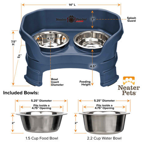 A chart showing the dimensions of the Neater Feeder Deluxe small with leg extensions as well as the stainless steel bowls against a white background.
