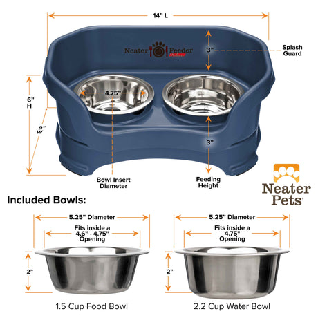 A chart showing the dimensions of a Neater Feeder as well as the stainless steel bowls against a white background.