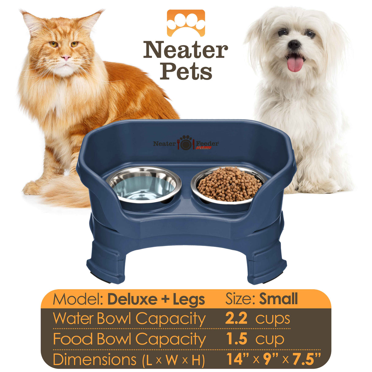 A chart displaying the Deluxe small with leg extension bowl capacity and dimensions, with a cat and a small dog on either side of the chart.