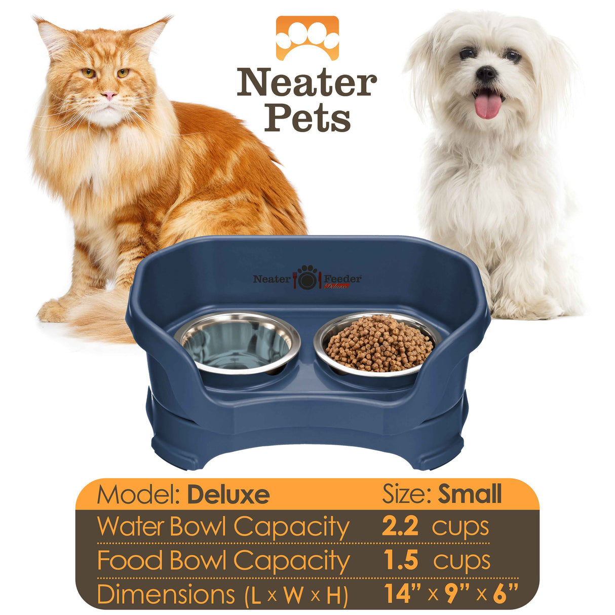 A chart displaying the Deluxe small bowl capacity and dimensions, with two small dogs on either side of the chart.