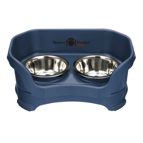 Deluxe small Neater Feeder in Dark Blue with two stainless steel bowls against a white background.