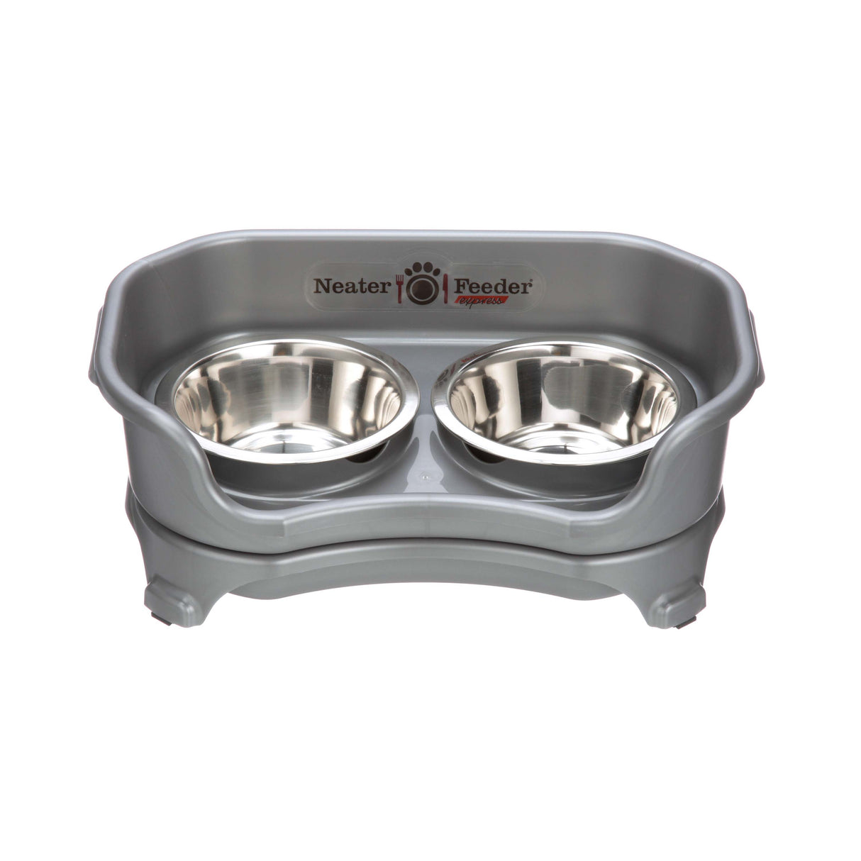 Gunmetal Grey Express Neater Feeder for cats feeding system with two stainless steel bowls against a white background.