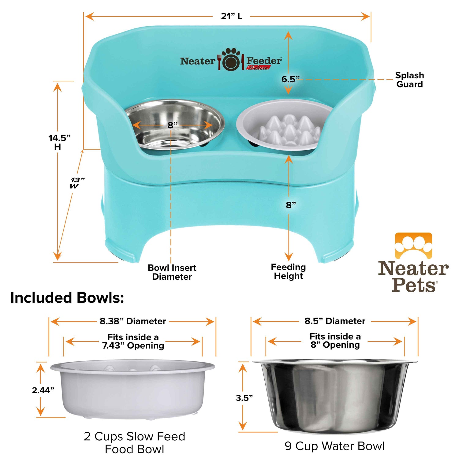 A chart displaying the Neater Feeder Deluxe large dimensions as well as the Niner and water bowl dimensions against a white background.