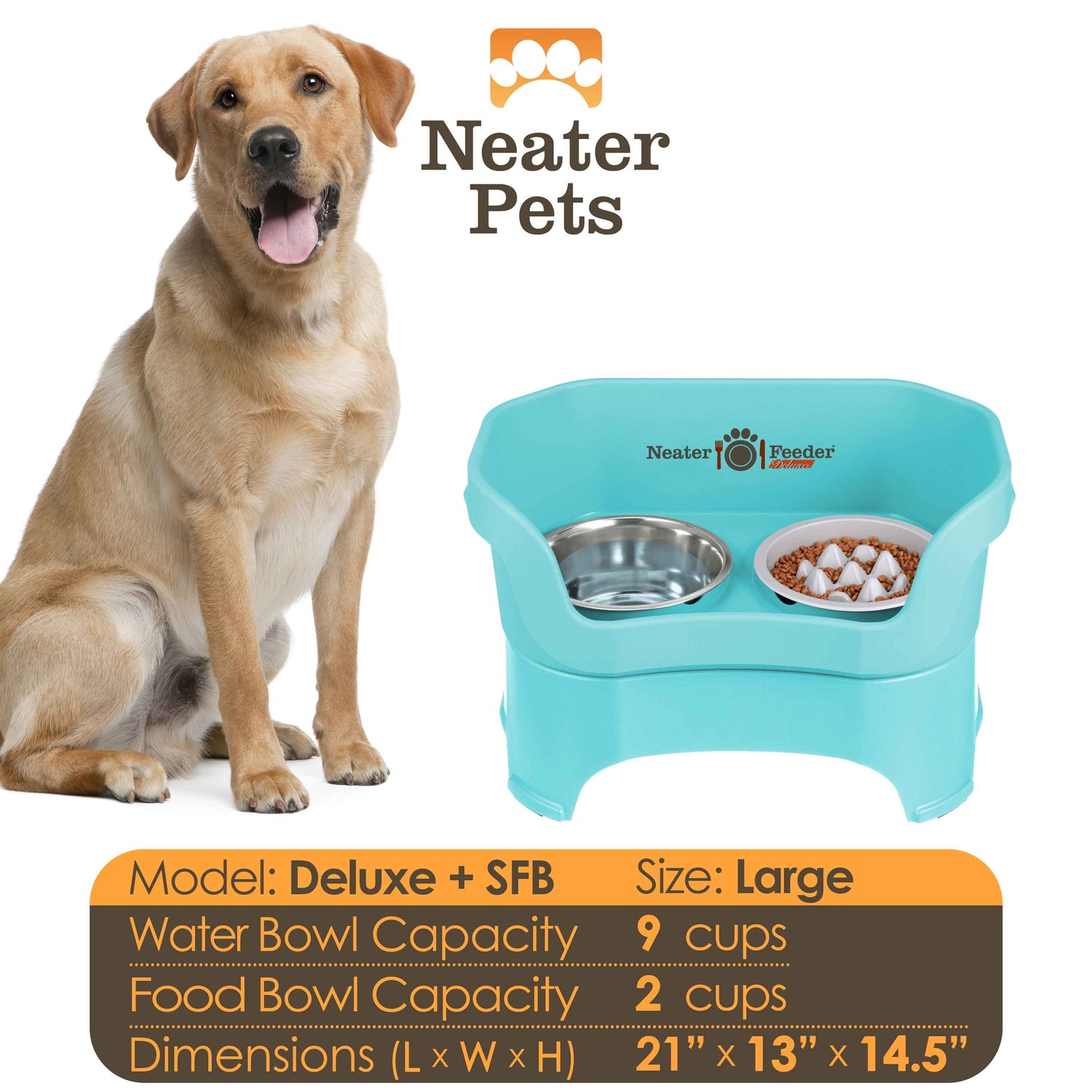 A chart displaying the Deluxe large with the Niner Slow Feed Bowl capacity and dimensions, with a large dog next to the chart.