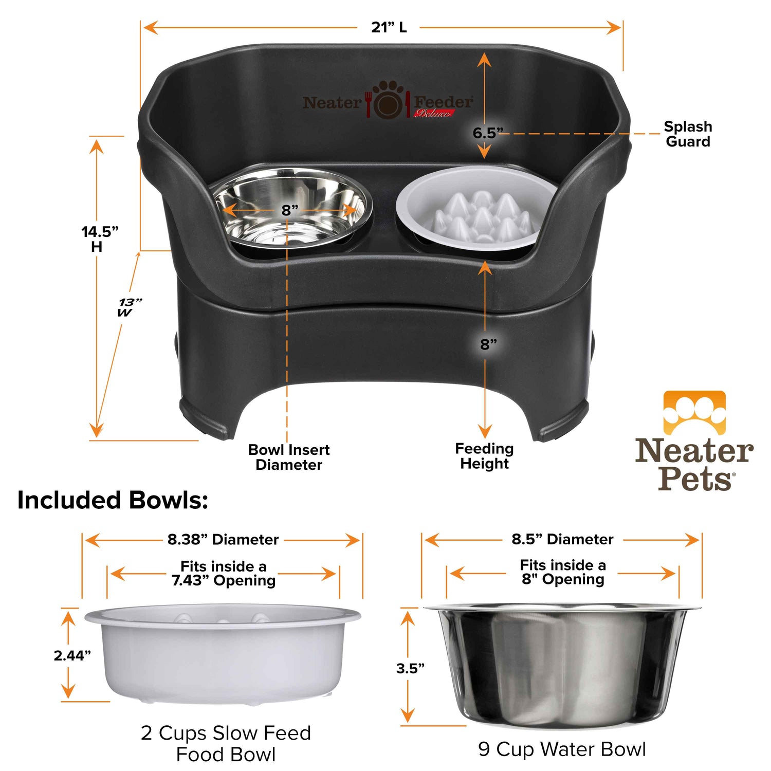 A chart displaying the Neater Feeder Deluxe large dimensions as well as the Niner and water bowl dimensions against a white background.