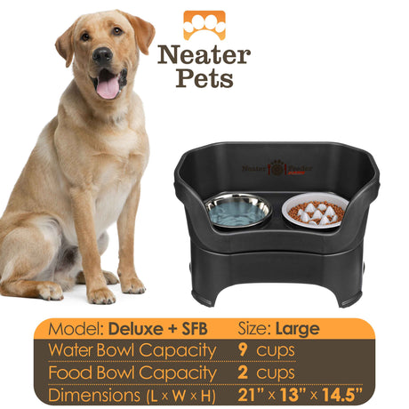 A chart displaying the Deluxe large with the Niner Slow Feed Bowl capacity and dimensions, with a large dog next to the chart.
