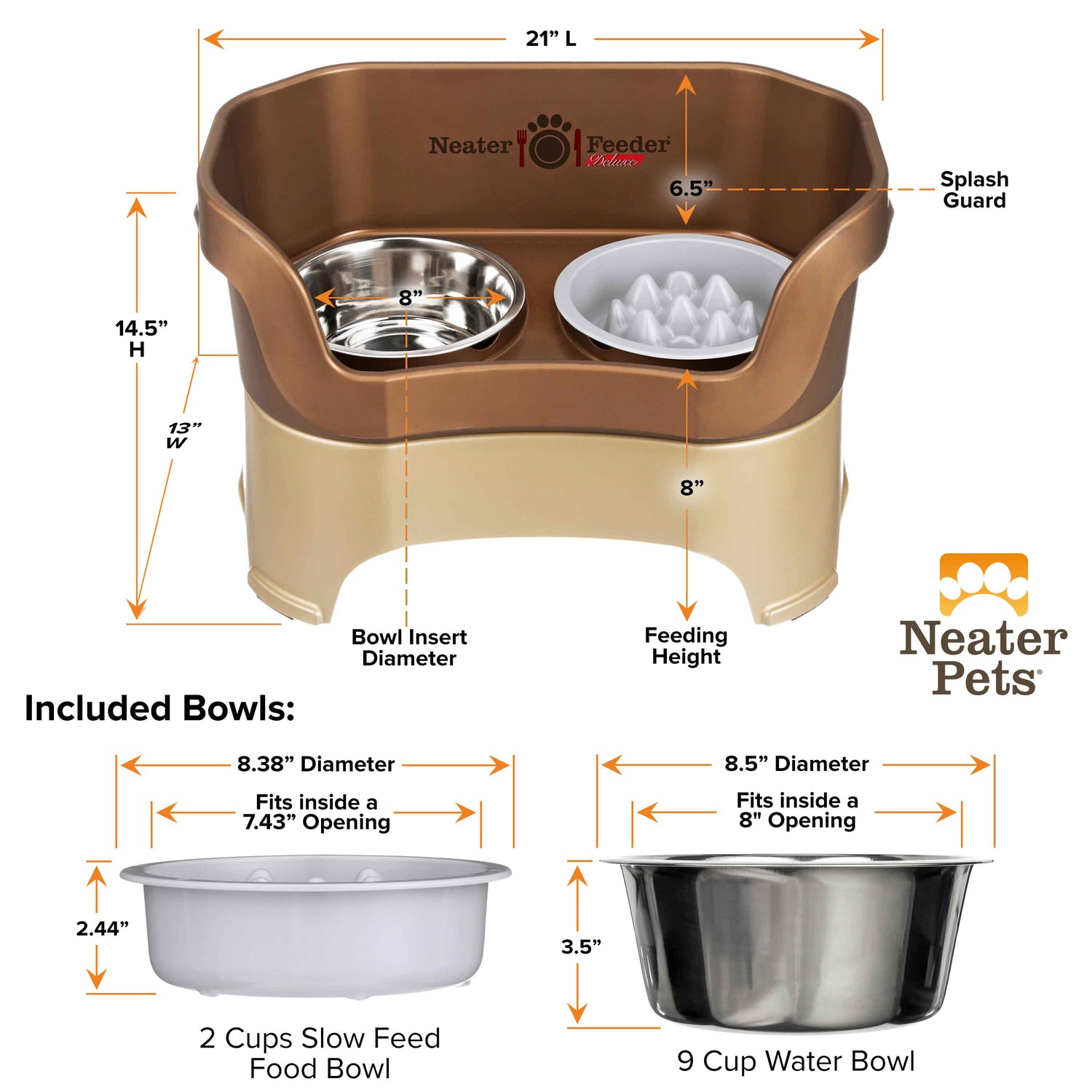 A chart displaying the Neater Feeder Deluxe large dimensions as well as the Niner and water bowl dimensions against a white background.
