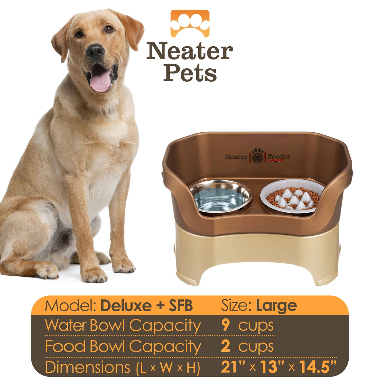 A chart displaying the Deluxe large with the Niner Slow Feed Bowl capacity and dimensions, with a large dog next to the chart.