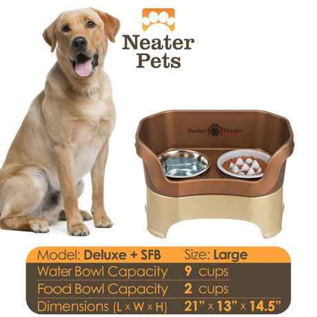 A chart displaying the Deluxe large with the Niner Slow Feed Bowl capacity and dimensions, with a large dog next to the chart.