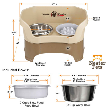 A chart displaying the Neater Feeder Deluxe large dimensions as well as the Niner and water bowl dimensions against a white background.