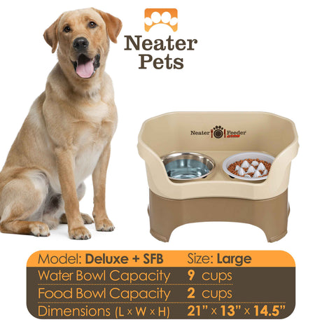A chart displaying the Deluxe large with the Niner Slow Feed Bowl capacity and dimensions, with a large dog next to the chart.