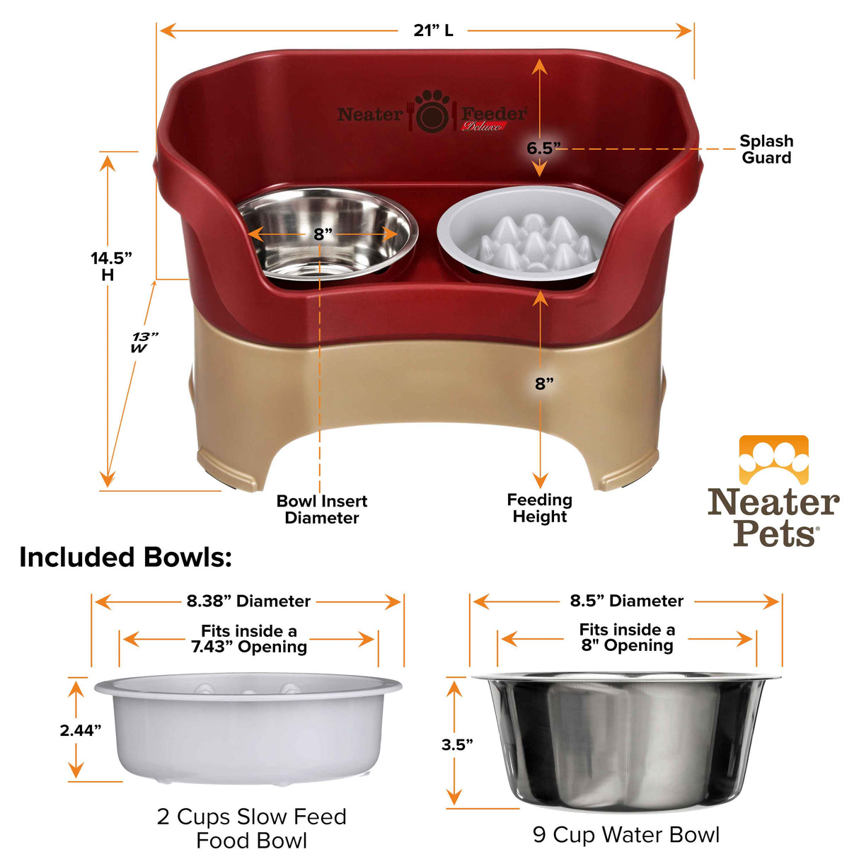 A chart displaying the Neater Feeder Deluxe large dimensions as well as the Niner and water bowl dimensions against a white background.