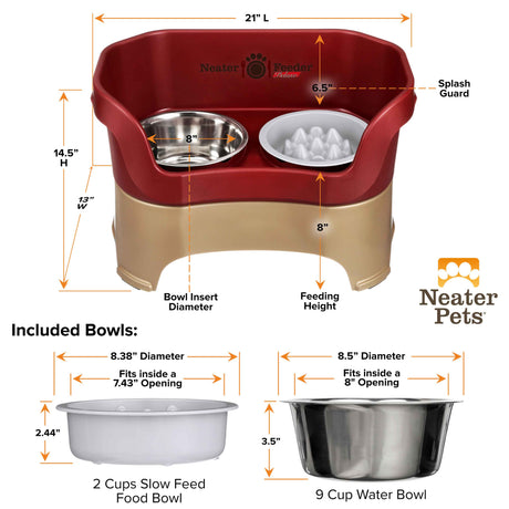 A chart displaying the Neater Feeder Deluxe large dimensions as well as the Niner and water bowl dimensions against a white background.