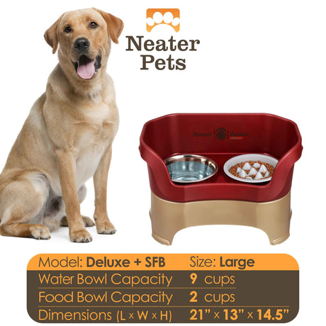 A chart displaying the Deluxe large with the Niner Slow Feed Bowl capacity and dimensions, with a large dog next to the chart.