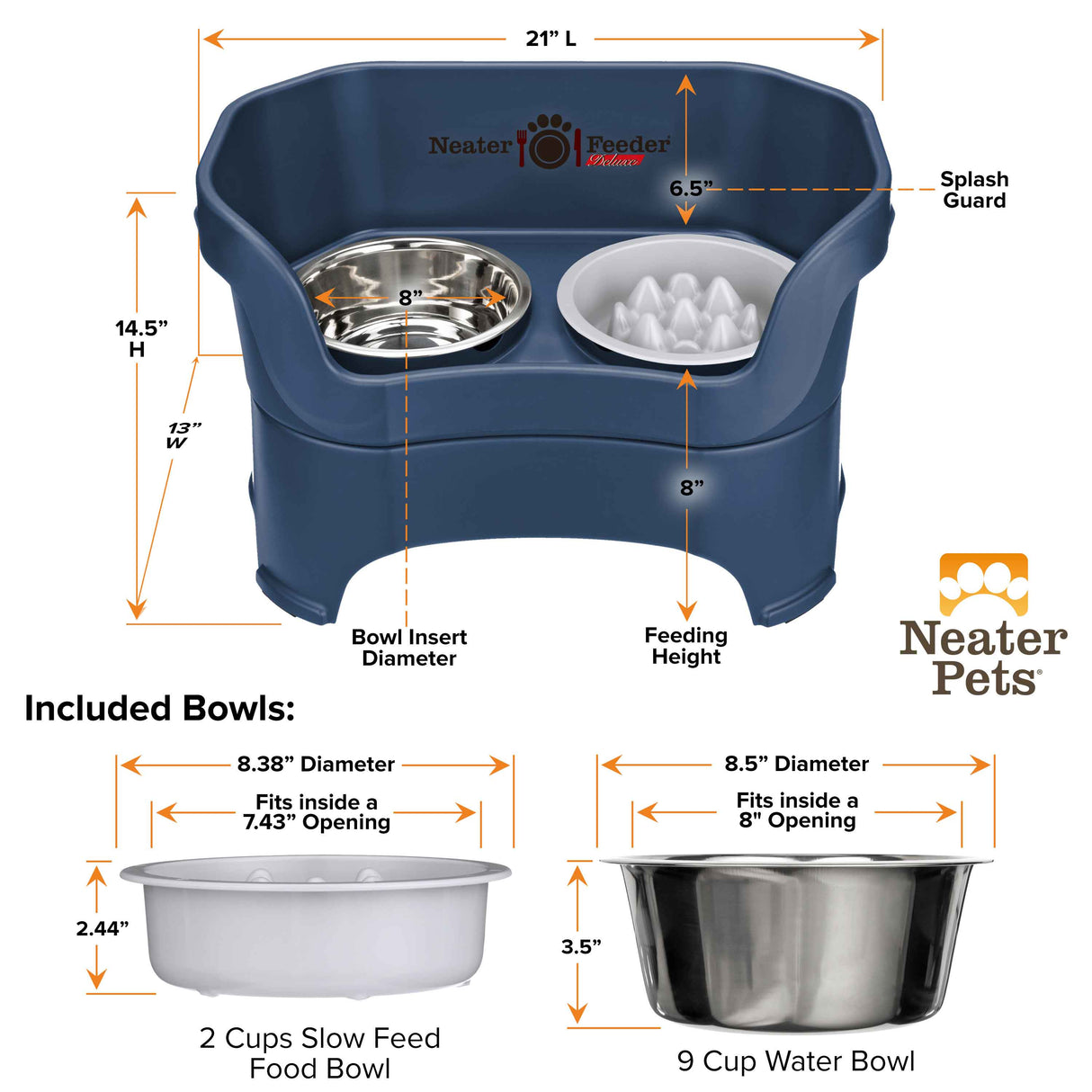 A chart displaying the Neater Feeder Deluxe large dimensions as well as the Niner and water bowl dimensions against a white background.
