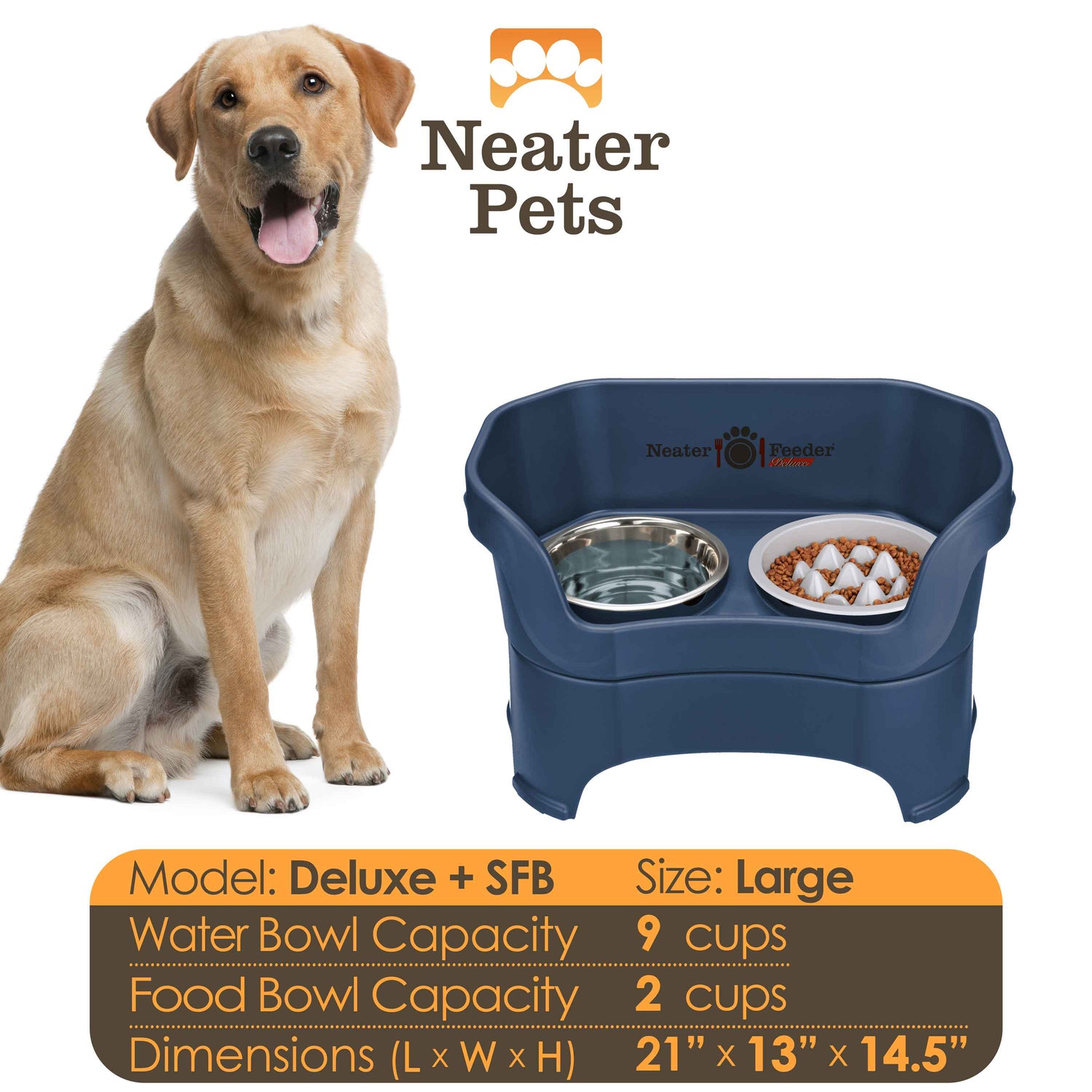 A chart displaying the Deluxe large with the Niner Slow Feed Bowl capacity and dimensions, with a large dog next to the chart.