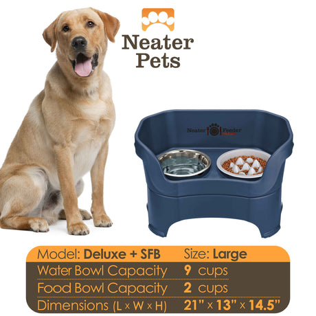 A chart displaying the Deluxe large with the Niner Slow Feed Bowl capacity and dimensions, with a large dog next to the chart.