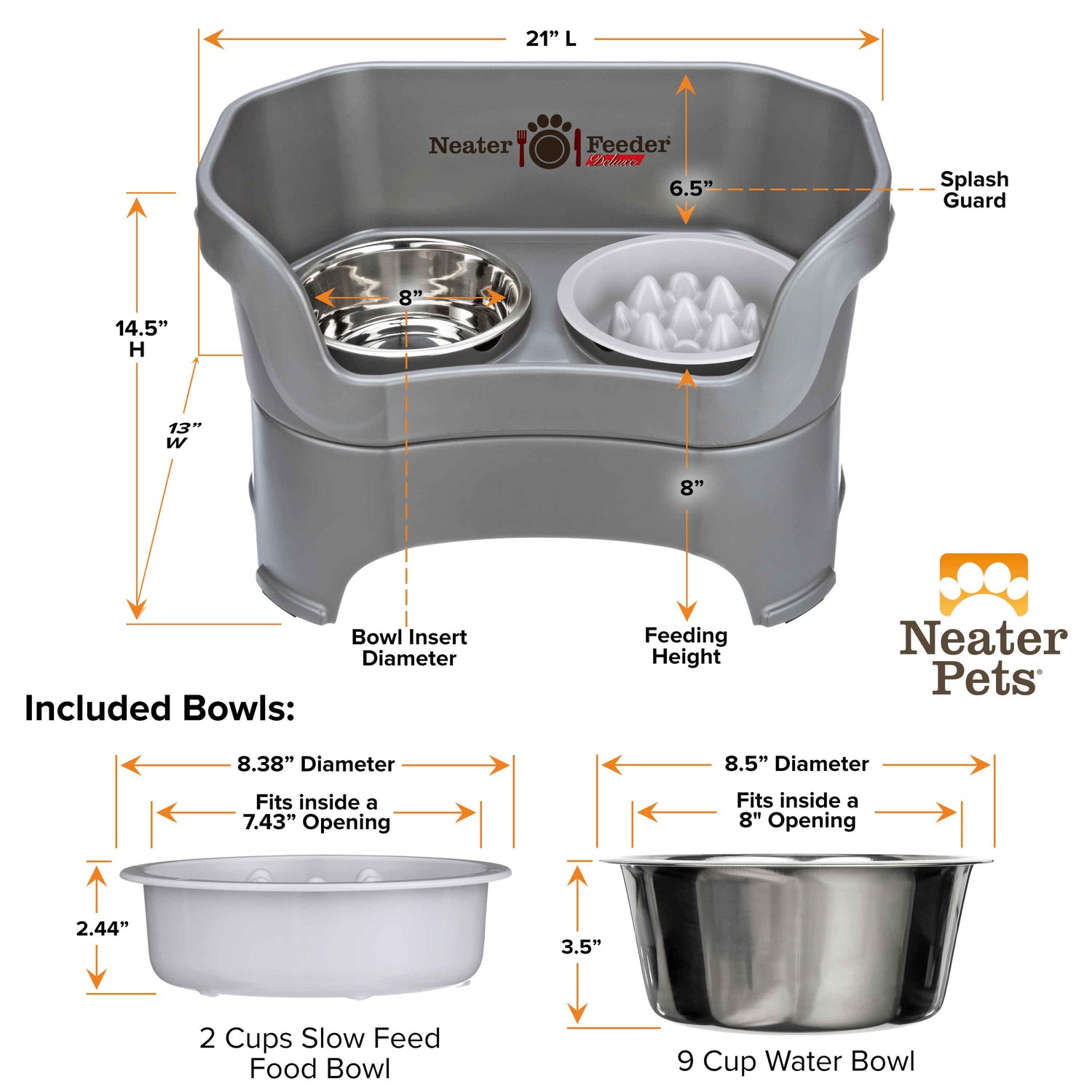 A chart displaying the Neater Feeder Deluxe large dimensions as well as the Niner and water bowl dimensions against a white background.
