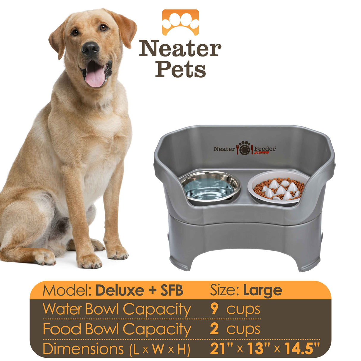 A chart displaying the Deluxe large with the Niner Slow Feed Bowl capacity and dimensions, with a large dog next to the chart.