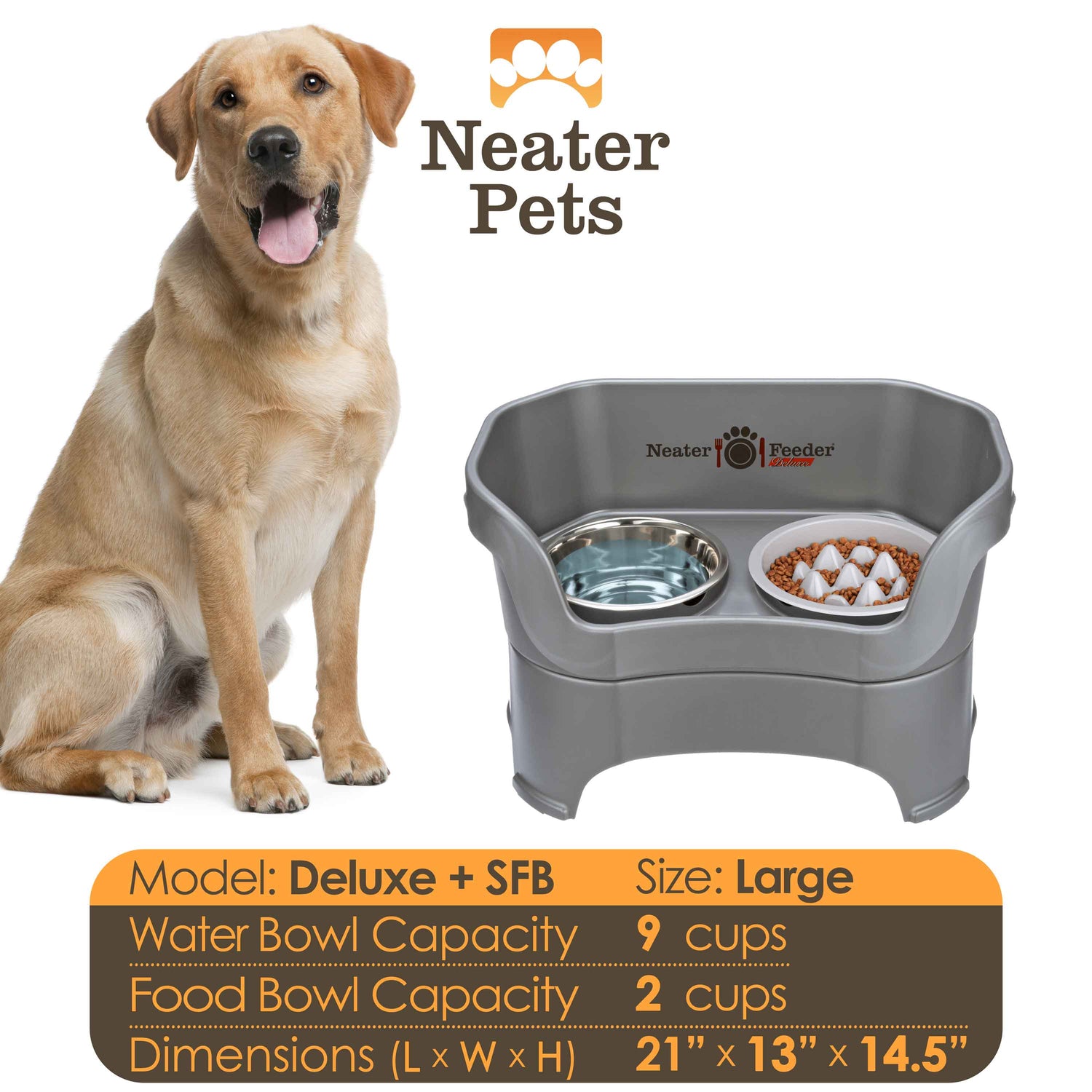 A chart displaying the Deluxe large with the Niner Slow Feed Bowl capacity and dimensions, with a large dog next to the chart.