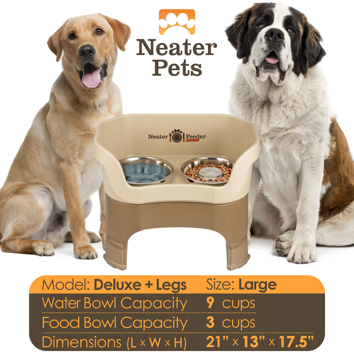 A chart displaying the Deluxe large with Slow Feed bowl and leg extension bowl capacity and dimensions, with two large sized dogs next to the chart.