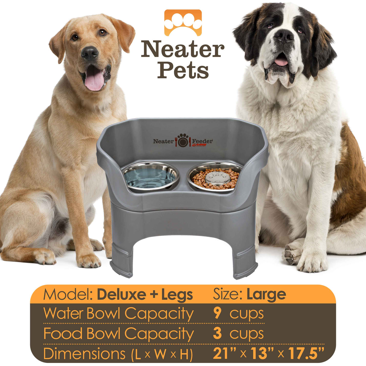 A chart displaying the Deluxe large with Slow Feed bowl and leg extension bowl capacity and dimensions, with two large sized dogs next to the chart.