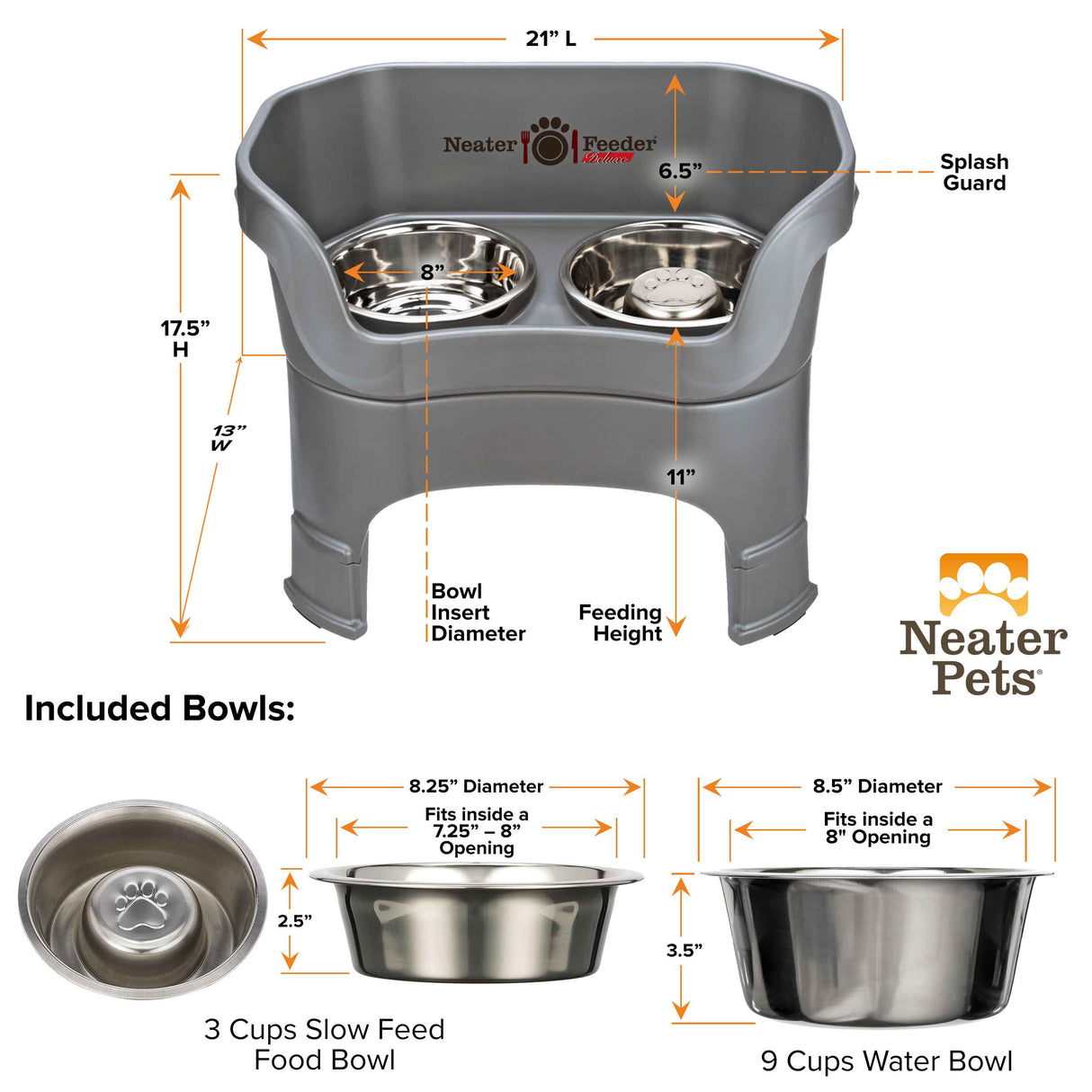 dimensions of gunmetal gray large DELUXE Neater Feeder with Stainless Steel Slow Feed Bowl with leg extensions