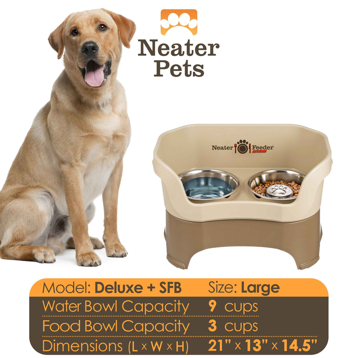 Information chart of Cappuccino Large DELUXE Neater Feeder with Stainless Steel Slow Feed Bowl