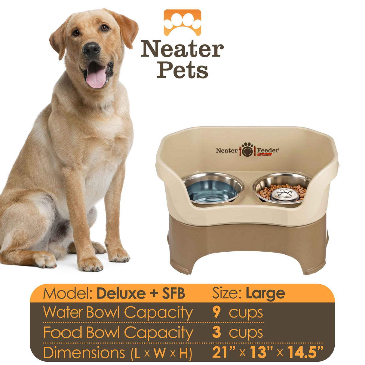 A chart displaying the Deluxe large with Slow Feed bowl capacity and dimensions, with a large size dog next to the chart.