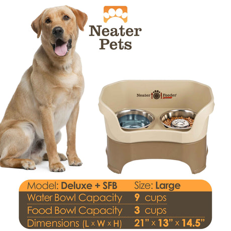 A chart displaying the Deluxe large with Slow Feed bowl capacity and dimensions, with a large size dog next to the chart.