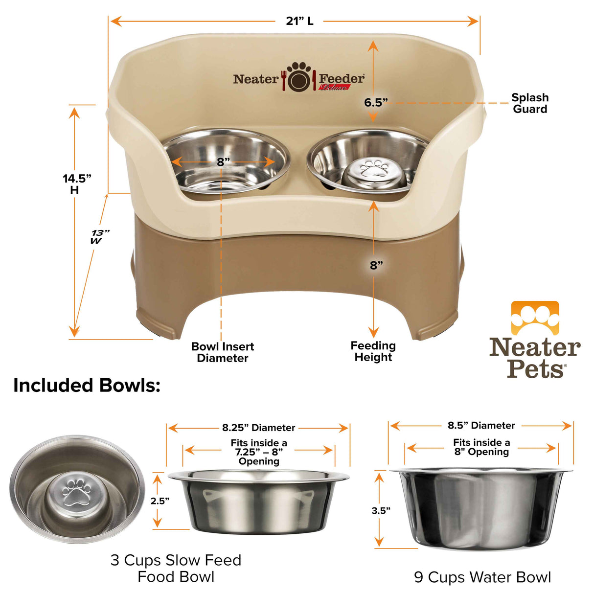 Dimensions of Cappuccino large DELUXE Neater Feeder with Stainless Steel Slow Feed Bowl
