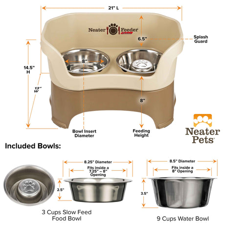 Dimensions of Cappuccino large DELUXE Neater Feeder with Stainless Steel Slow Feed Bowl