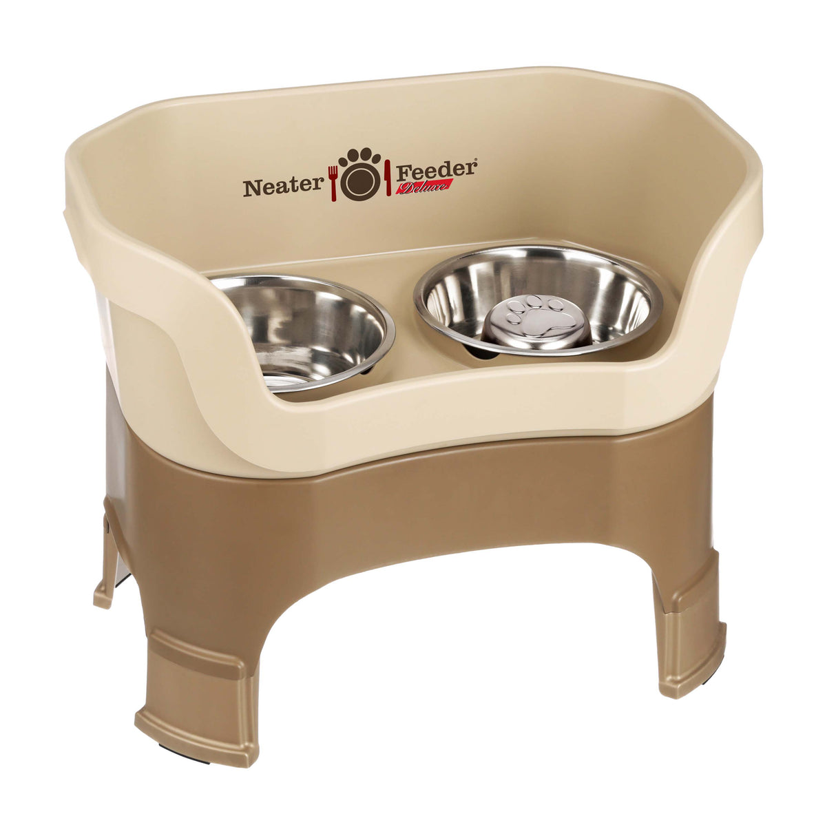Cappuccino large DELUXE Neater Feeder with Stainless Steel Slow Feed Bowl with leg extensions and stainless steel water bowl against a white background.